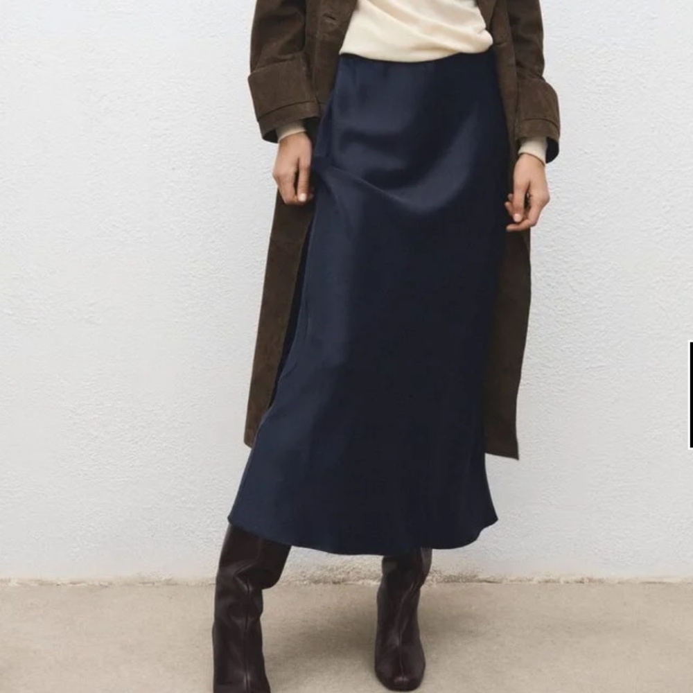 Mango Satin Maxi Skirt Navy Blue Size S Minimalist Elegant